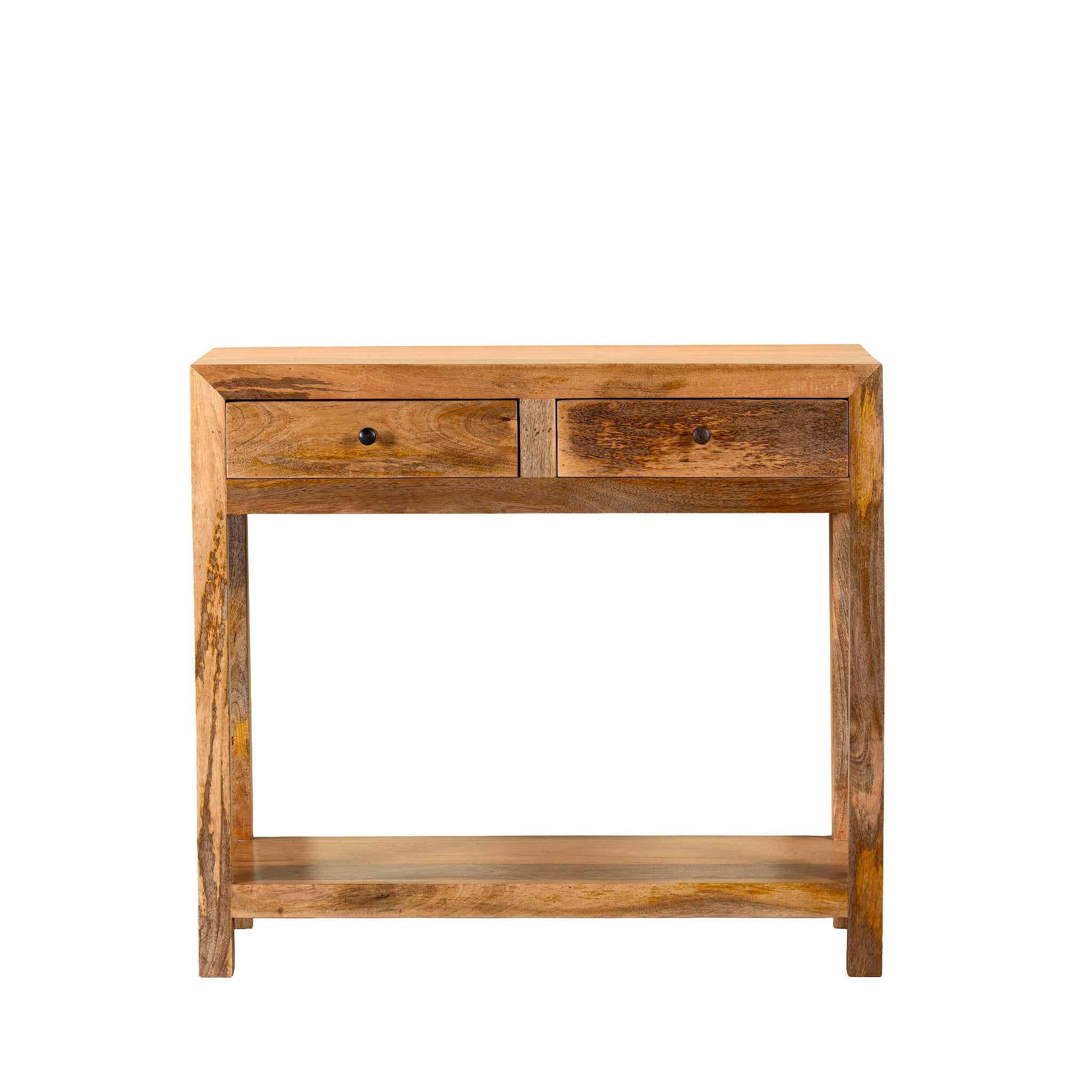White background image of a Ibiza style reclaimed wood console table with two drawers and bottom shelf, warm natural finish, 100 × 40 × 90 cm.
