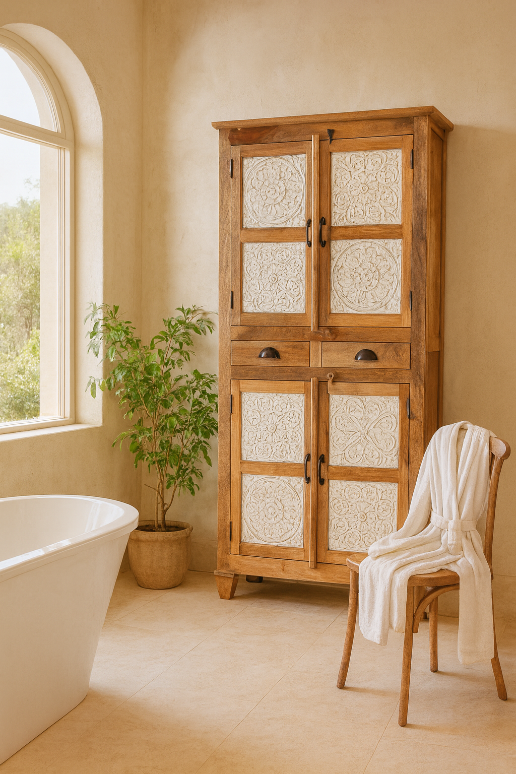 Lifestyle image of a hand-carved wooden wardrobe made from mango wood with whitewashed floral carvings; perfect as bedroom furniture, 90 × 180 × 40 cm.
