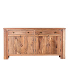 White background picture of a carved acacia wood sideboard with four doors, two drawers, brass handles, and tapered legs; artisanal acacia wood furniture, 180 × 40 × 90 cm.