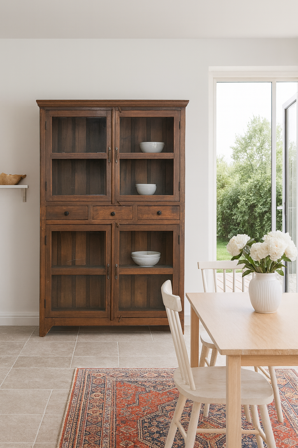 Lifestyle image of a refurbished antique teak wood showcase with four glass-panelled doors and two drawers – sustainable teak wood furniture combining timeless elegance and functional design.