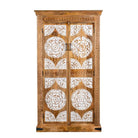 White background image of a carved wood furniture wardrobe made from mango wood with whitewashed floral doors, wooden wardrobe in Ibiza-inspired style, 100 × 40 × 180 cm.