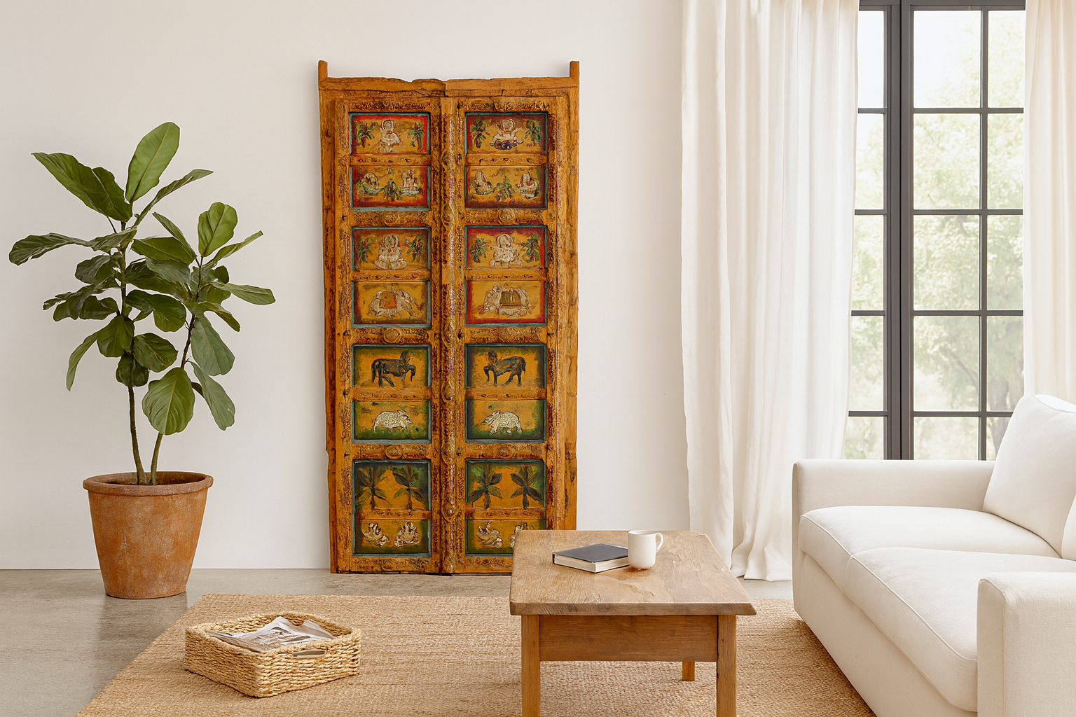 Lifestyle image of a Indian painted door decoration featuring mythological and village scenes on reclaimed teak—an artisanal Indian door panel with folk motifs and vintage patina.