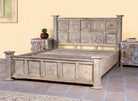 Wooden bed frame with panelled headboard and footboard, made of reclaimed wood in sandblasted Ibiza style, boho beds and bedroom furniture, 180 × 200 × 140 cm.