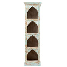 White background image of a hand-carved mango wood bookshelf with oriental detailing and natural wood finish – carved wooden furniture and vertical shelving for refined, rustic interiors.