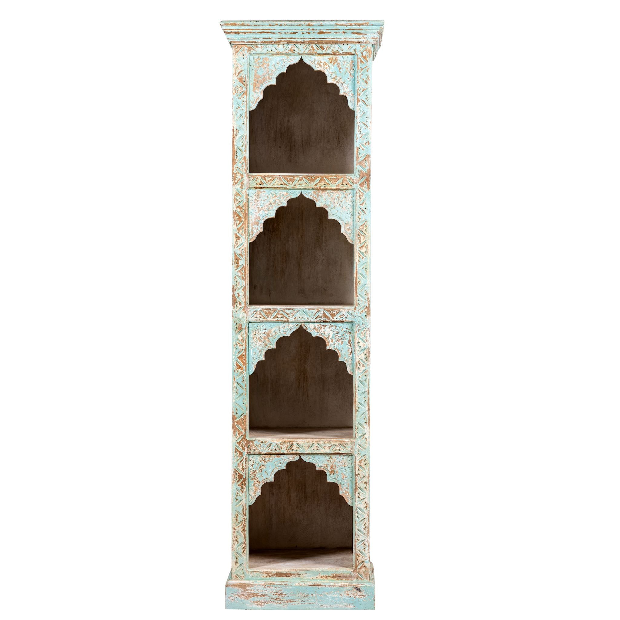 White background image of a hand-carved mango wood bookshelf with oriental detailing and natural wood finish – carved wooden furniture and vertical shelving for refined, rustic interiors.