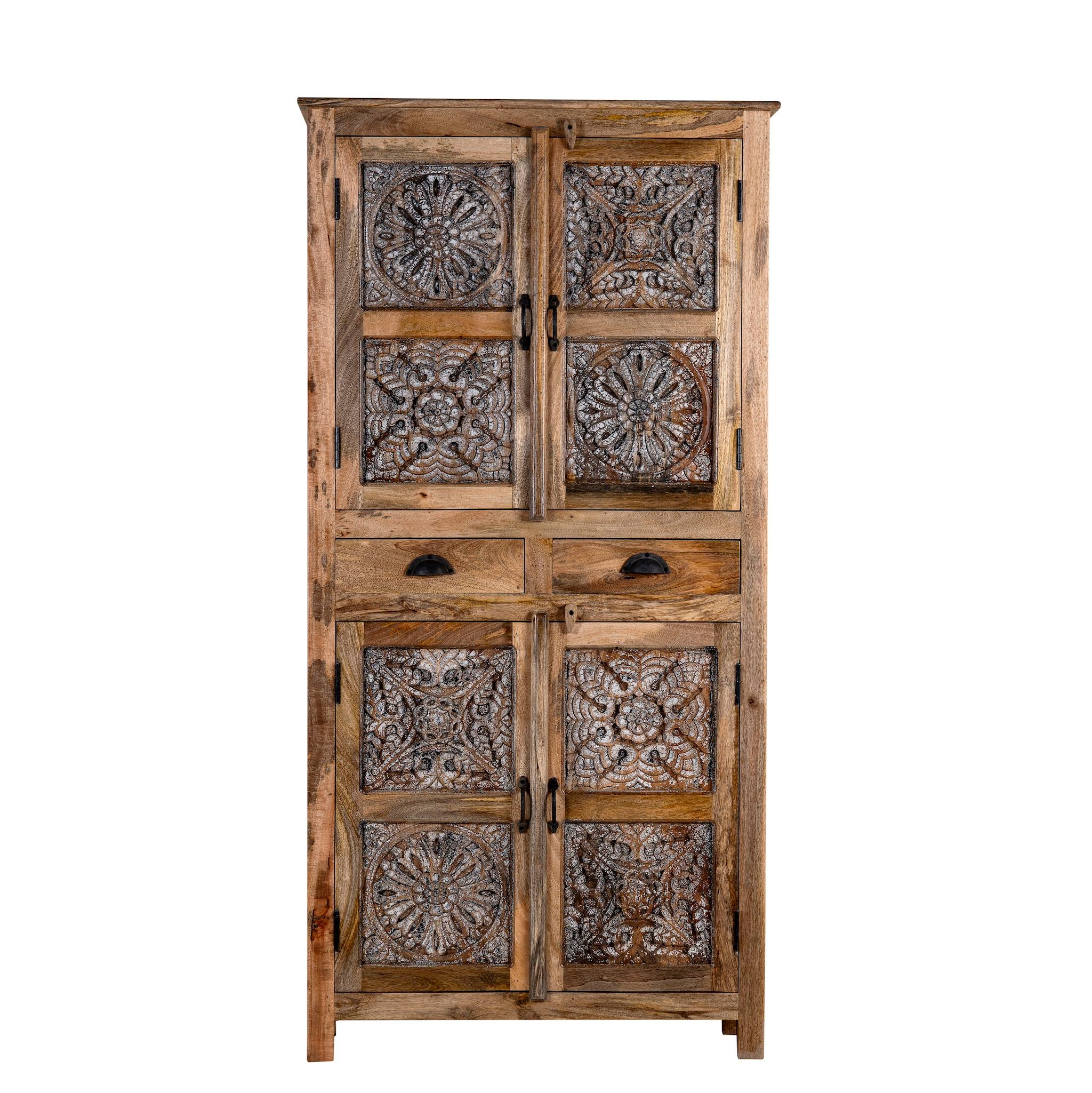 White background picture of a Rustic elegant mango wood Cabinet with floral hand carvings, 4 doors and 2 drawers.
