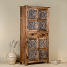 Side view of a Rustic elegant mango wood Cabinet with floral hand carvings, 4 doors and 2 drawers.