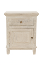 White washed image of a whitewashed nightstand made of mango wood with Mediterranean-style carved detailing and one drawer – Indi bedside table by Om Home & Garden