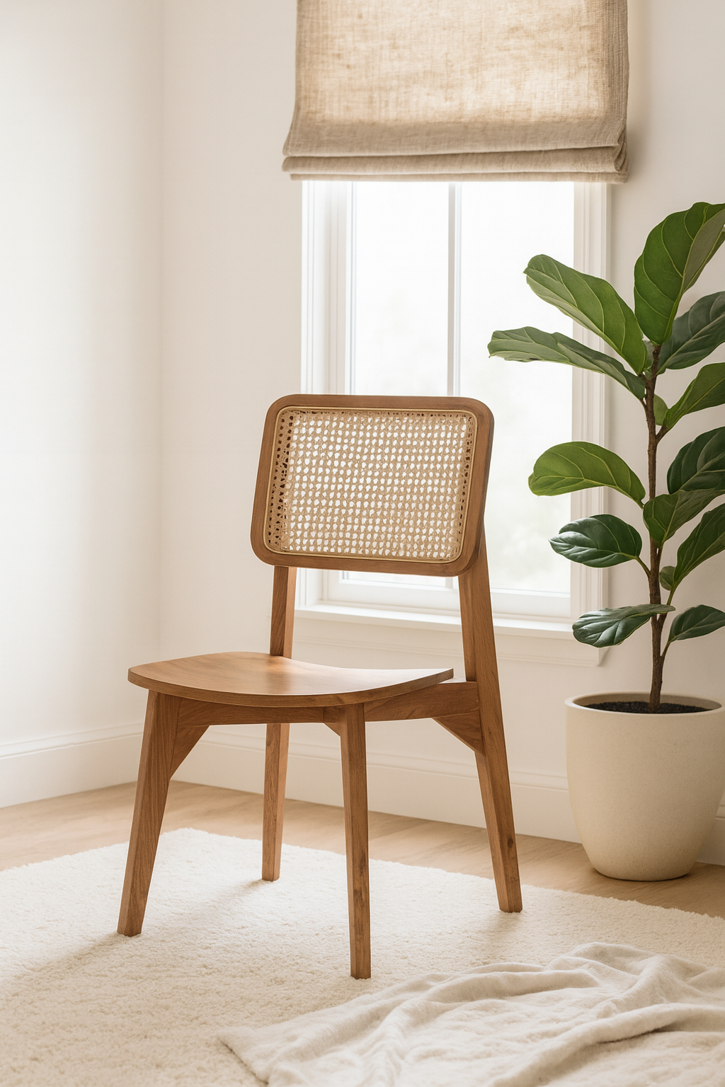 Lifestyle imagination of a acacia wood chair with woven rattan backrest and solid wooden frame; wooden armchair for dining or living rooms, 45 × 45 × 85 cm.