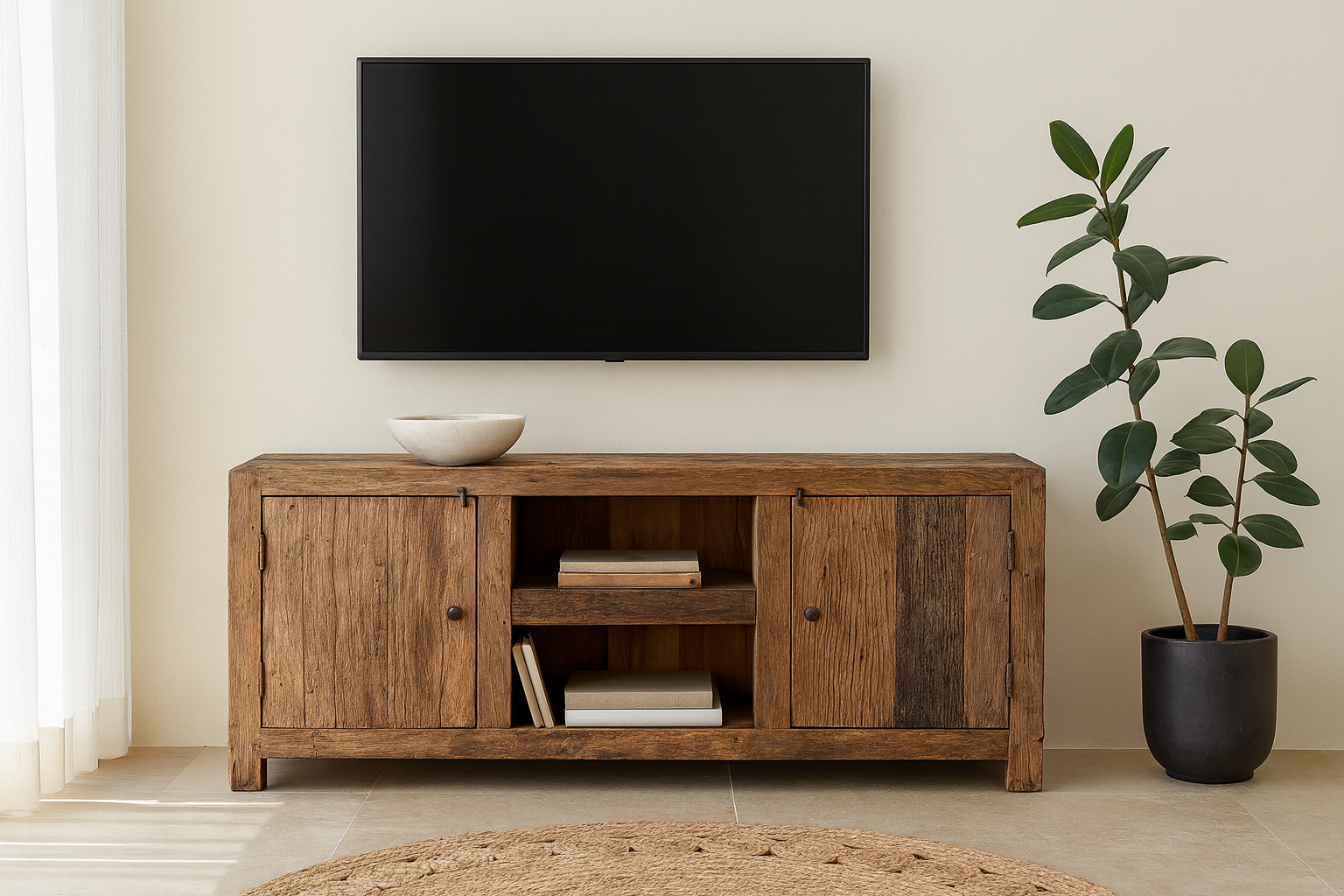 Lifestyle imagination of a driftwood lowboard made from reclaimed wood with two cabinets, open shelving, and rustic minimalist design, 150 × 40 × 60 cm.