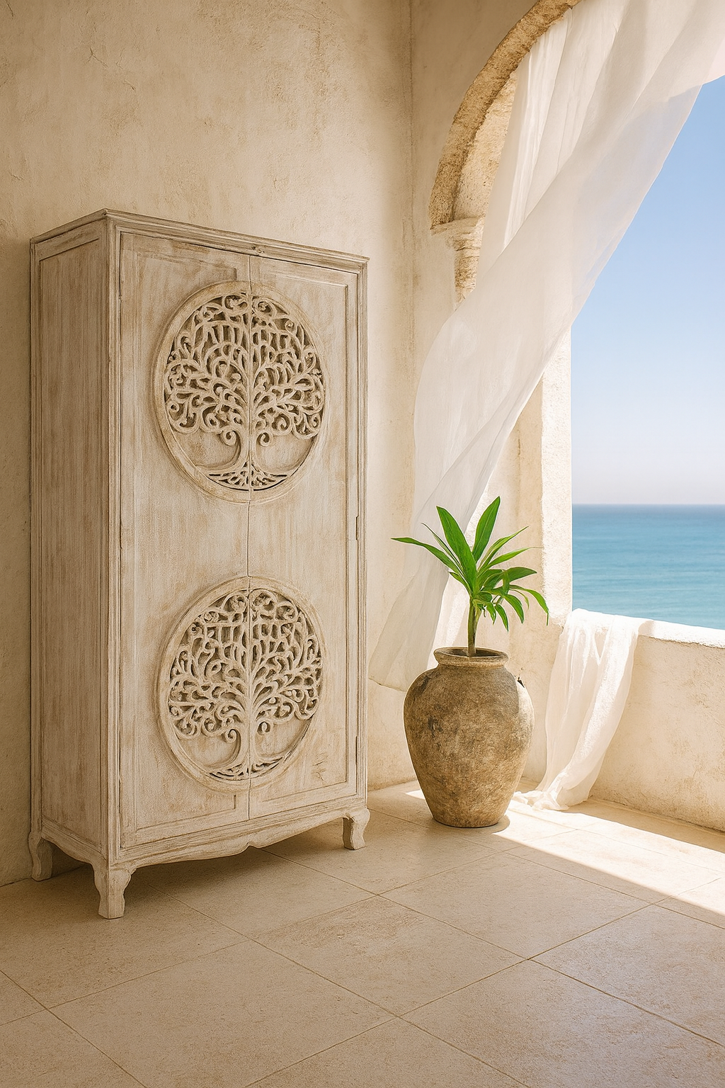 Decorative wooden cabinet with intricate carvings next to a potted plant on a balcony with ocean view.