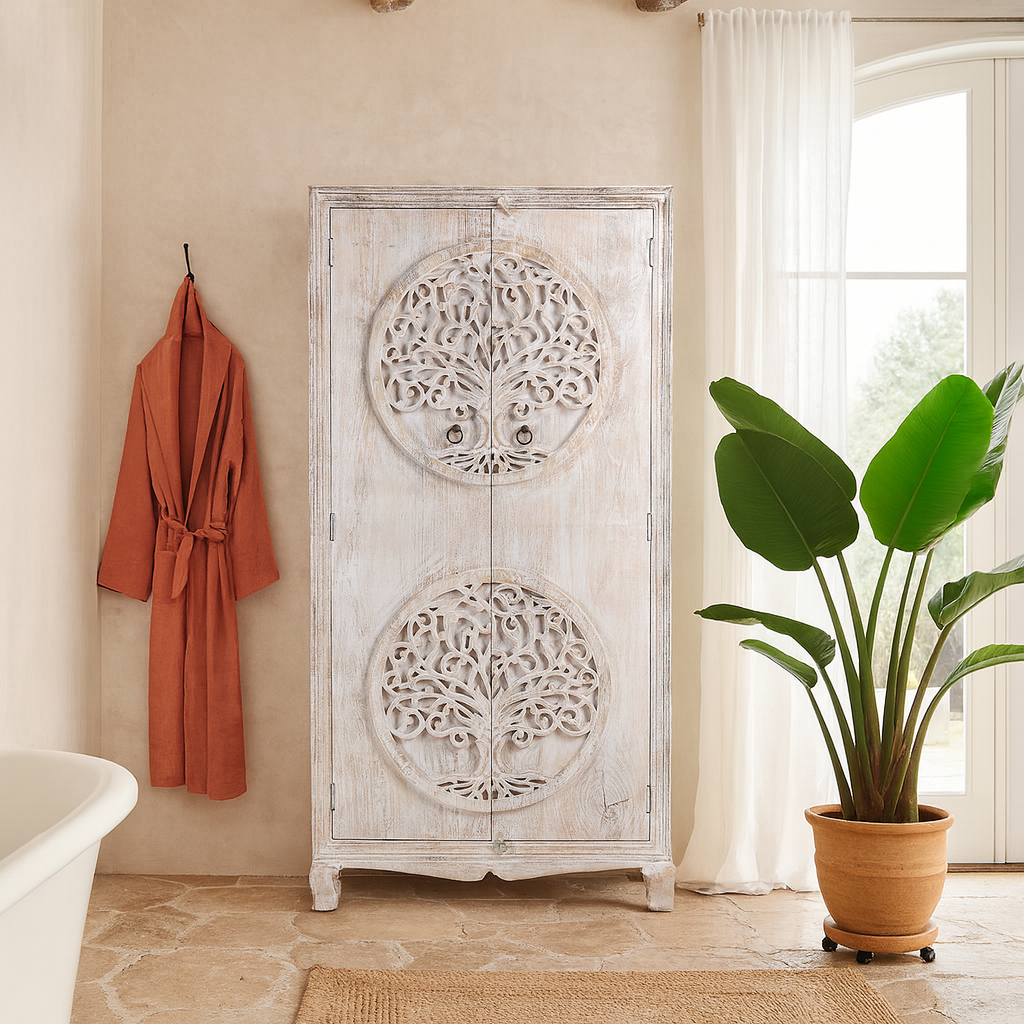 Lifestyle imagination of a White washed armoire with hand-carved Tree of Life motif, mango wood carved wood furniture with storage, 90 × 40 × 180 cm.