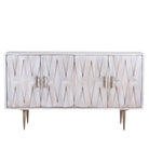 White background image of a whitewashed mango wood sideboard with raised criss-cross design, four doors, and silver metal legs—elegant living room furniture with modern rustic appeal.
