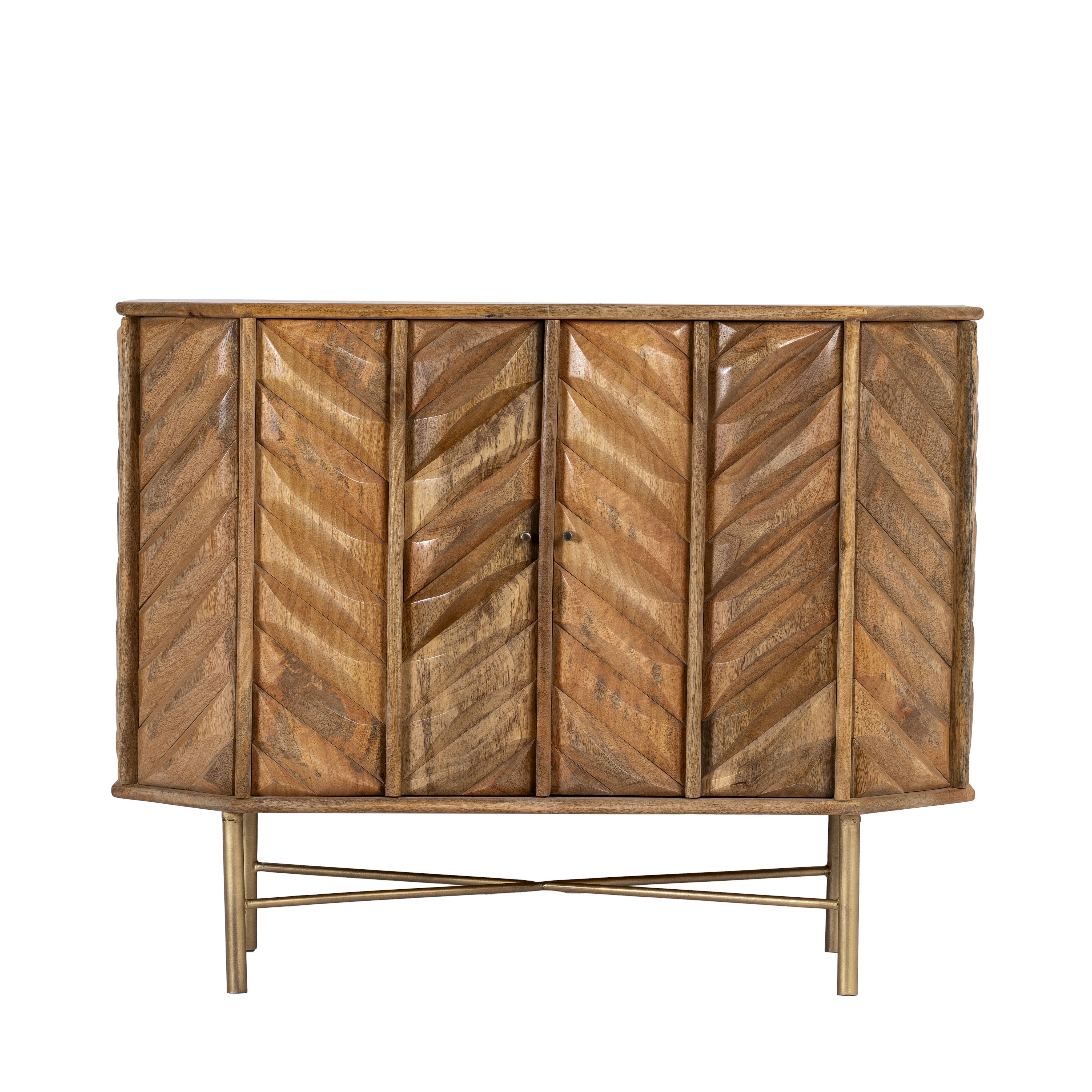 White background image of a handcrafted mango wood cabinet with raised chevron design and brass handles – Jayapal by Om Home & Garden