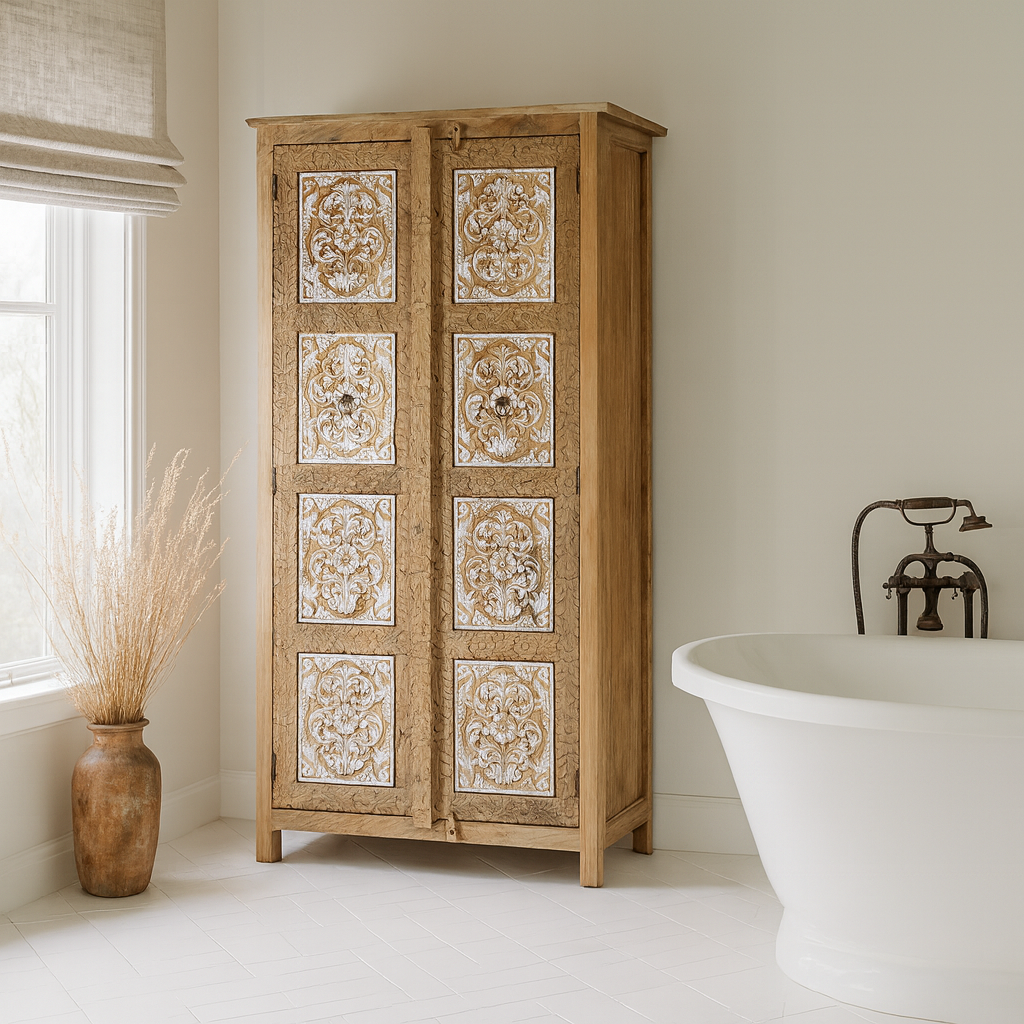 Lifestyle imagination of a hand carved wooden wardrobe made of solid mango wood with whitewashed floral details; Ibiza-style mango wood wardrobe, 190 × 100 × 40 cm.