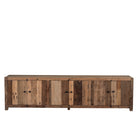 White background image of a sustainable driftwood furniture lowboard made from reclaimed wood with four cabinets and rustic finish; 230 × 45 × 60 cm.