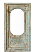 White background image of a tall vintage wall mirror with hand-carved mango wood frame; rustic hand carved mirror, 86 × 160 × 5 cm.