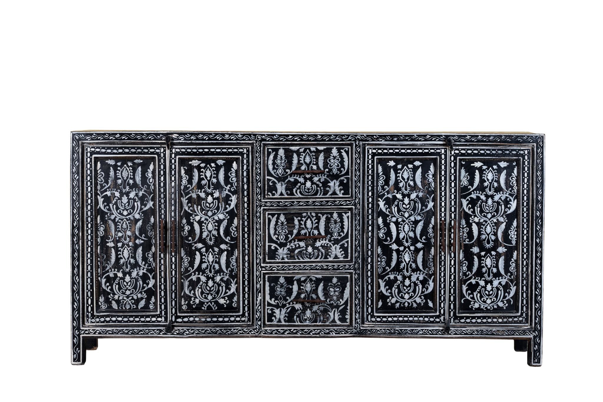 White background image of a hand-painted black and white sideboard made of reclaimed wood – Kaira model by Om Home & Garden