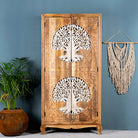 Artisanal Tree of Life furniture wardrobe with whitewashed carvings, handcrafted mango wood with four storage compartments, 90 × 40 × 180 cm.