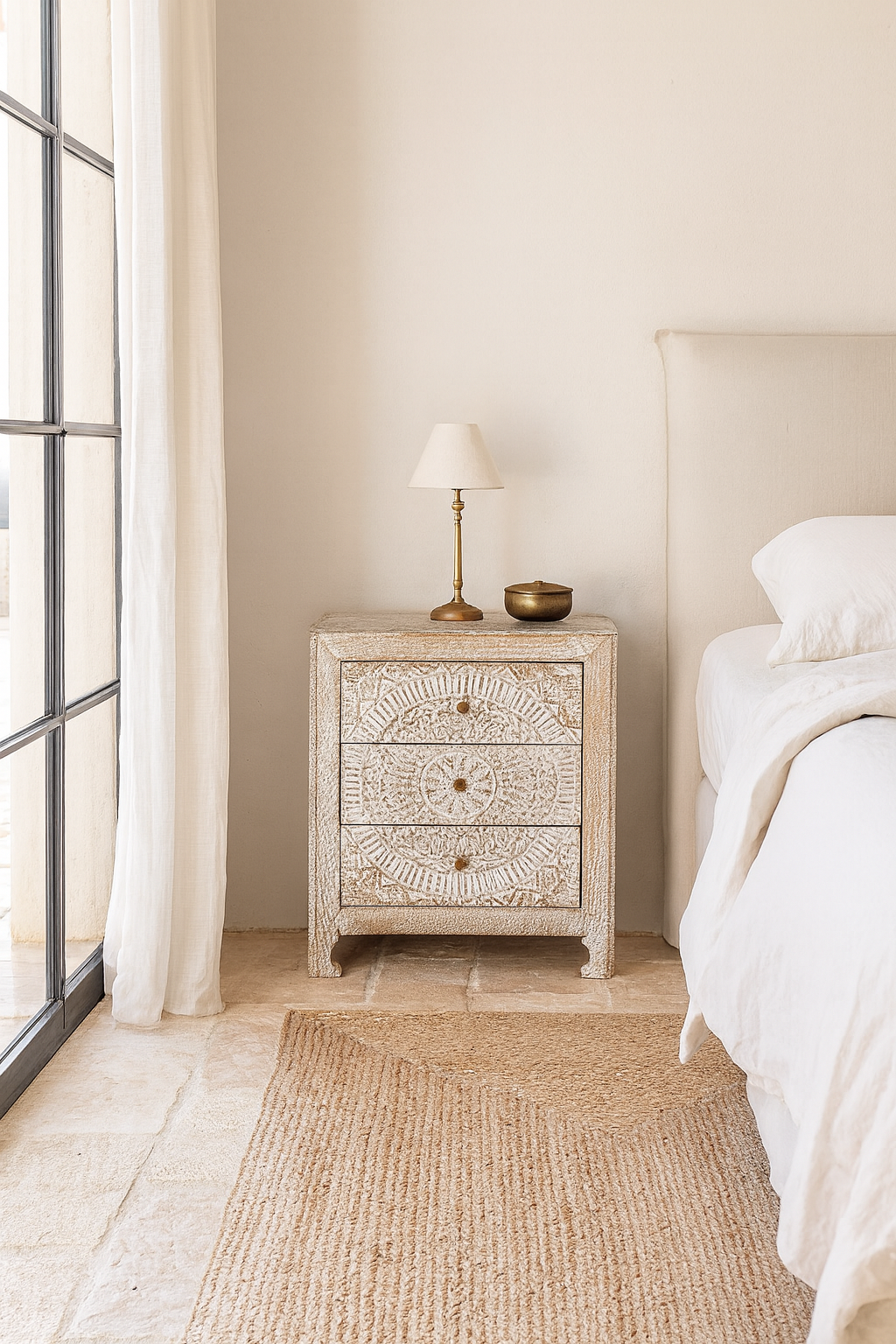 Bedroom with a textured nightstand and lamp near a bed.