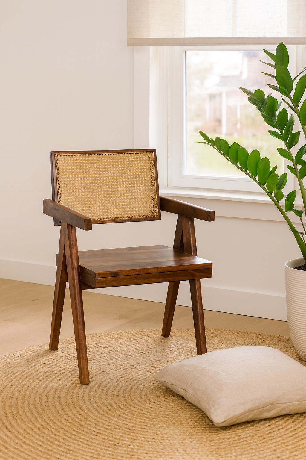 Lifestyle image of an acacia wood chair with rattan backrest and armrests; elegant wooden armchair for dining or living rooms, 55 × 55 × 85 cm.