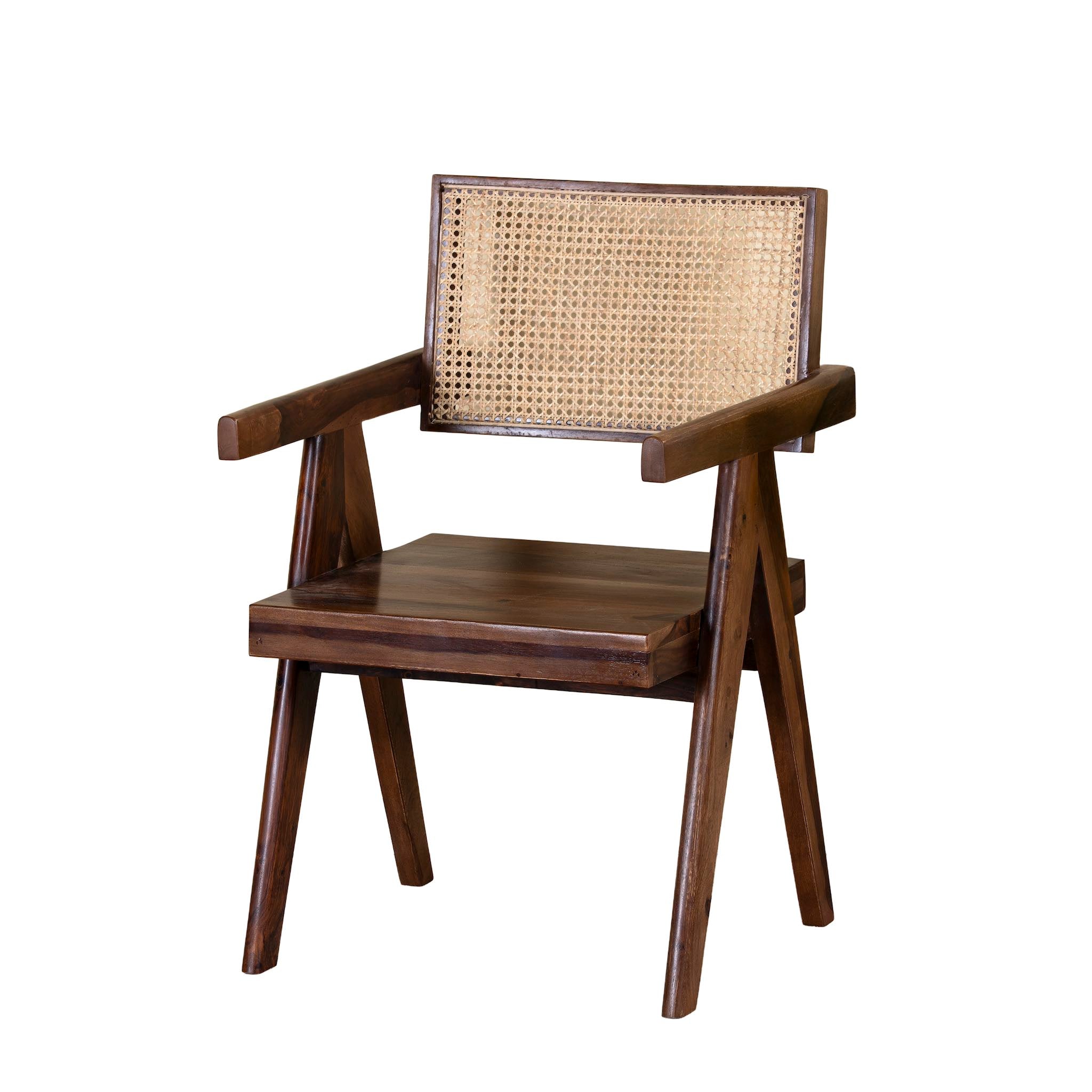 White background image of an acacia wood chair with rattan backrest and armrests; elegant wooden armchair for dining or living rooms, 55 × 55 × 85 cm.