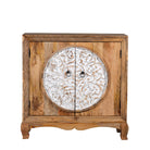 White background image of a carved wood furniture cabinet made from mango wood with floral detailing and whitewashed finish, 90 × 90 × 40 cm.