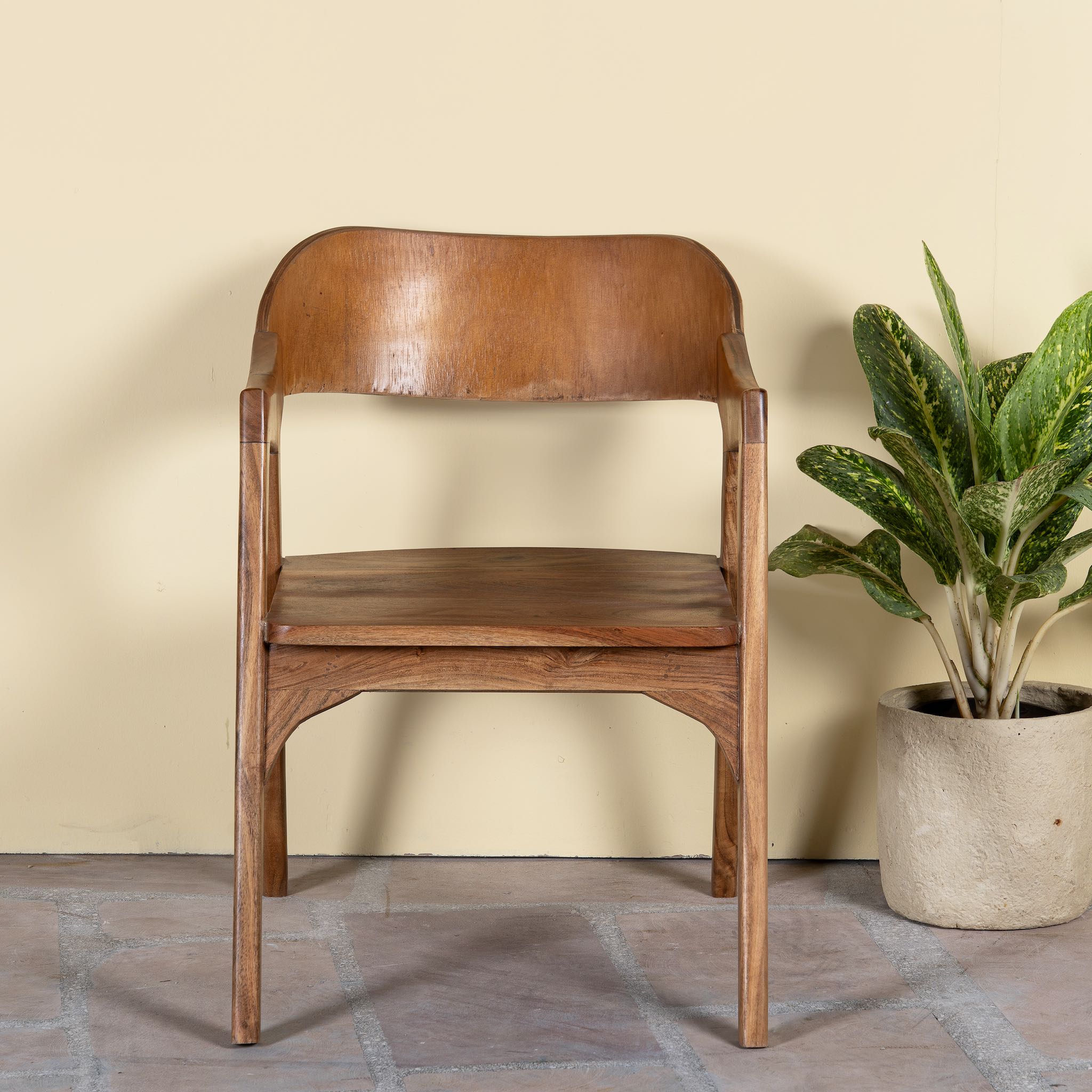 Wooden armchair made of solid acacia wood with curved backrest and armrests; acacia wood chair, 60 × 50 × 90 cm.