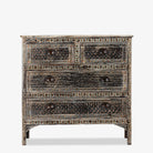 White background image of a hand-painted Indian chest of drawers made from recycled wood – unique furniture featuring colourful motifs and antique craftsmanship.