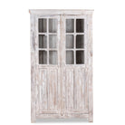 White background image of a refurbished antique teak wood display cabinet with whitewashed finish and glass doors – wooden display cabinet blending Mediterranean charm and timeless craftsmanship.