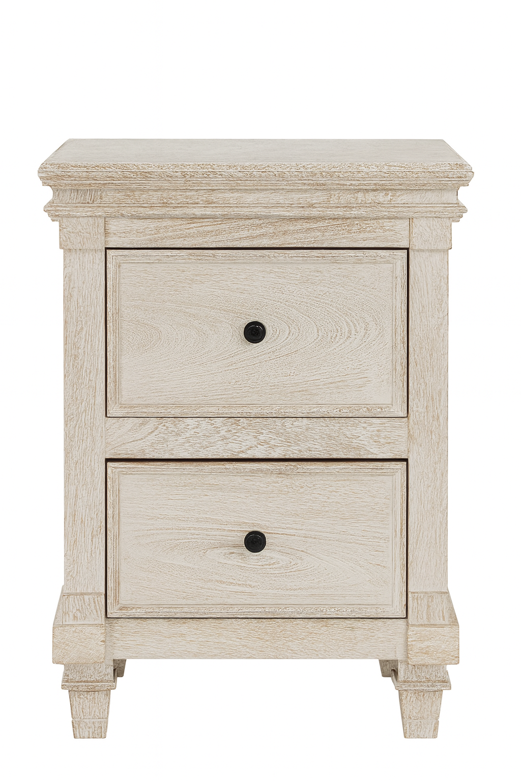White background image of a whitewashed nightstand made of mango wood with Mediterranean-style carved detailing and one drawer – Kirandeep bedside table by Om Home & Garden