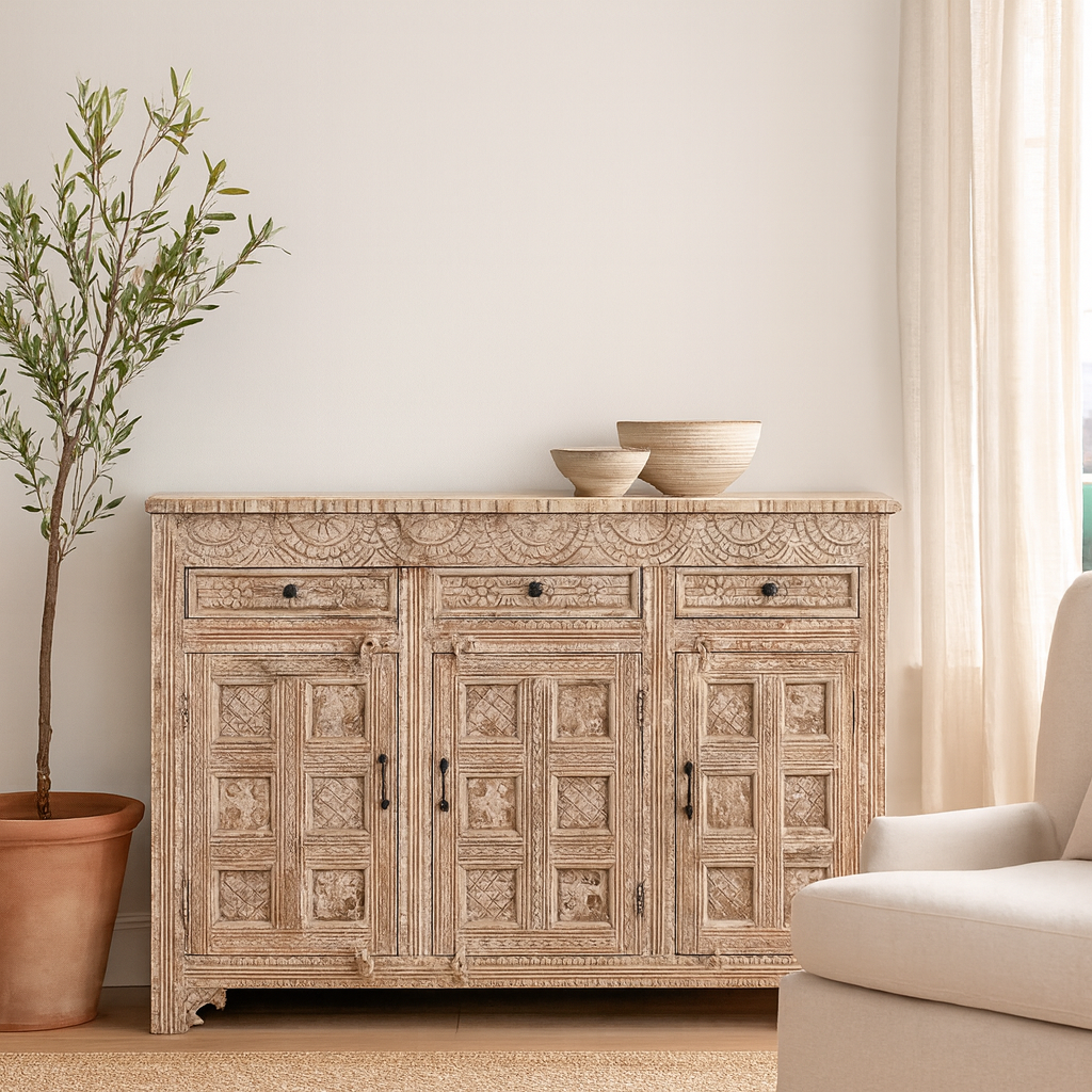 Lifestyle Imagination of a hand-carved mango wood cabinet with three drawers and vintage distressed finish; ideal for mango wood furniture lovers and vintage home decor, 150 × 110 × 40 cm.