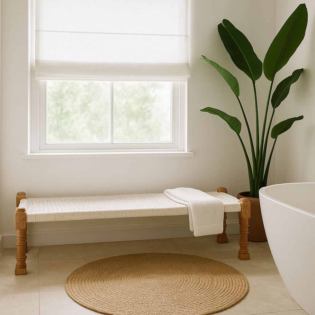 Lifestyle imagination of a low mango wood bench with handwoven cotton seat and hand-carved recycled wood frame; 180 × 45 × 20 cm.