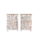 White background image of a set of two hand carved bedside tables with mandala and floral motifs; reclaimed wood in white washed furniture style, 50 × 40 × 72 cm.