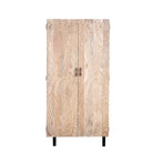 White background image of a hand-carved mango wood wardrobe with sandblasted finish and iron stand; artisanal bedroom furniture, 90 × 46 × 183 cm.