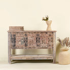 Reclaimed teak console table with hand-carved antique elements and rustic finish, 140 × 38 × 93 cm.