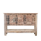 White background image of a reclaimed teak console table with hand-carved antique elements and rustic finish, 140 × 38 × 93 cm.