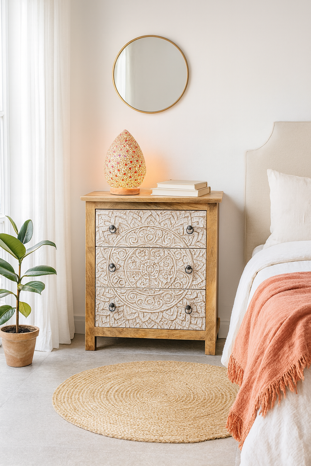 Lifestyle imagination of a mango wood carved chest of drawers with whitewashed floral engraved fronts, 80 × 40 × 90 cm.