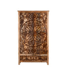 White background image of a hand-carved mango wood wardrobe, a unique wooden furniture piece inspired by traditional Indian furniture craftsmanship.