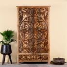 Hand-carved mango wood wardrobe, a unique wooden furniture piece inspired by traditional Indian furniture craftsmanship.