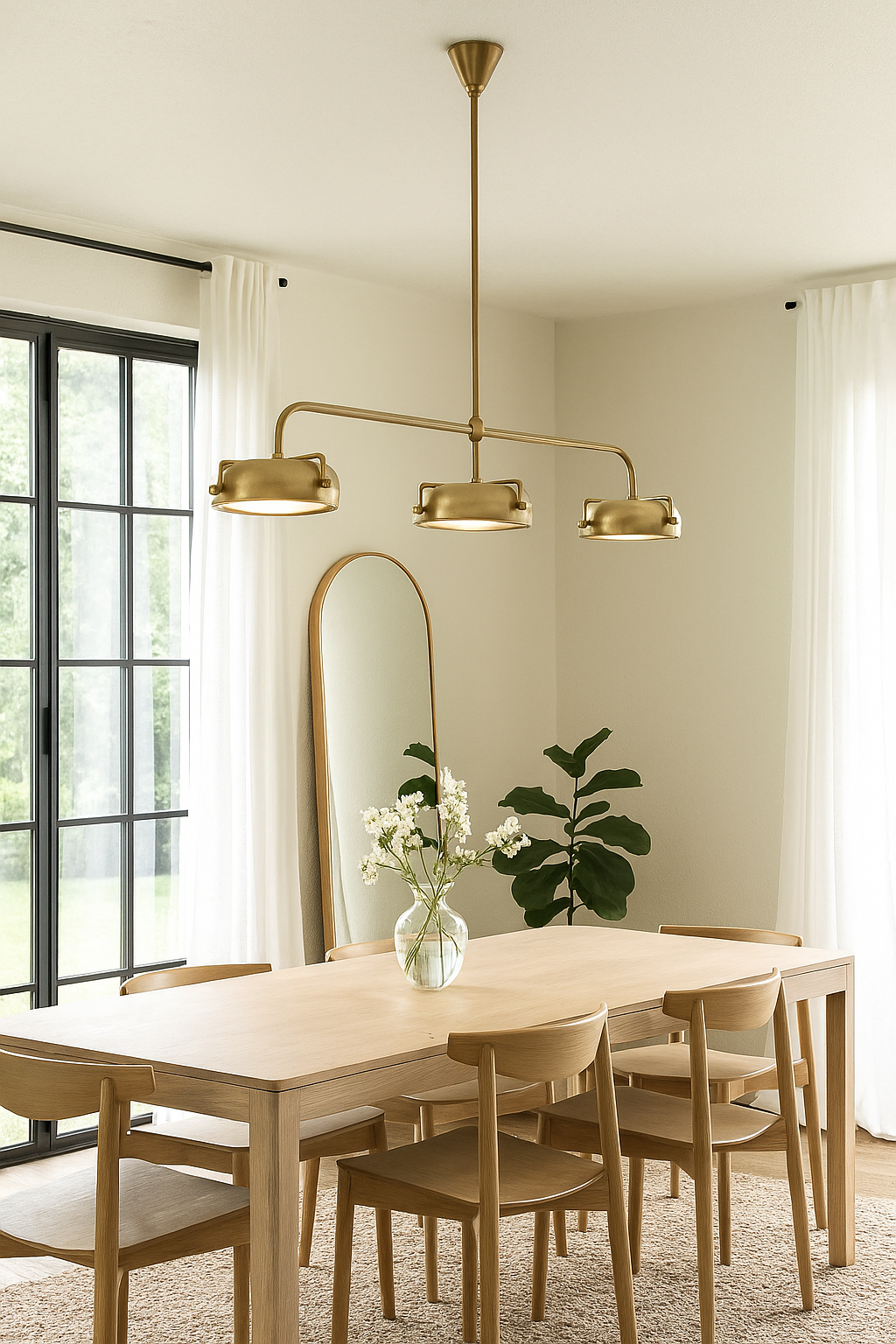 Lifestyle image of a retro pendant light with three gold-coloured light fittings, featuring a brass-plated iron structure and clear glass lampshades.