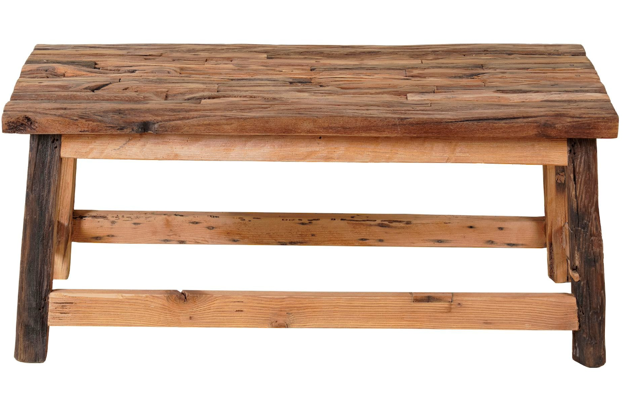 White background image of a rustic driftwood coffee table made from reclaimed wood with sandblasted finish; sustainable furniture, 100 × 50 × 45 cm.