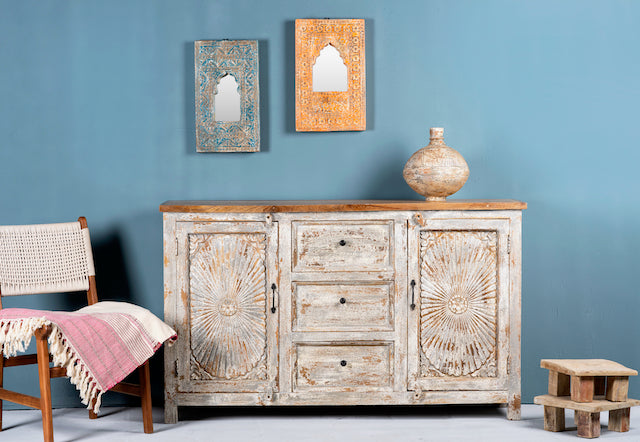Handcrafted carved sideboard made from solid mango wood with floral motifs, antique layered finish, and natural wood top; artisan vintage furniture, 150 × 40 × 90 cm.