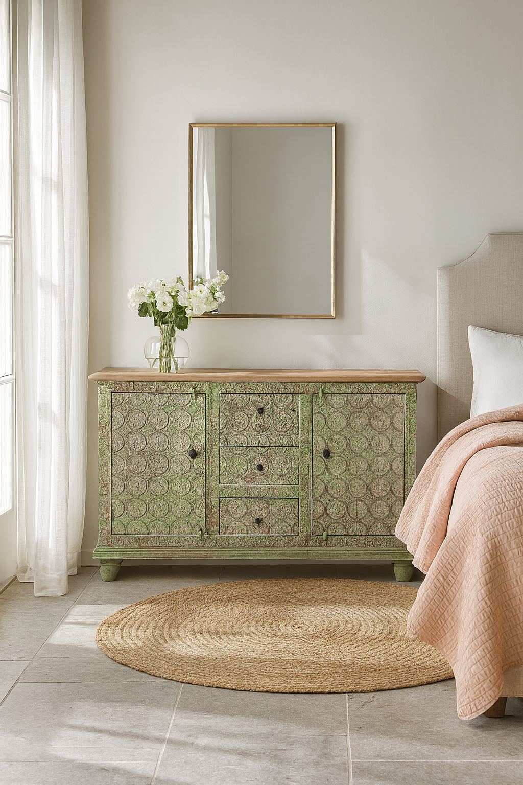 Green patterned dresser in a bedroom with a mirror above it, a vase of flowers, and a pink blanket on a bed.