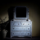 Lifestyle image of a hand-painted dressing table with mirror made of reclaimed wood – Meira model by Om Home & Garden