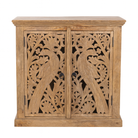 White background image of a white washed wooden cabinet with hand-carved peacock doors, handcrafted mango wood furniture, Mediterranean-style storage unit, 90 × 90 × 40 cm.