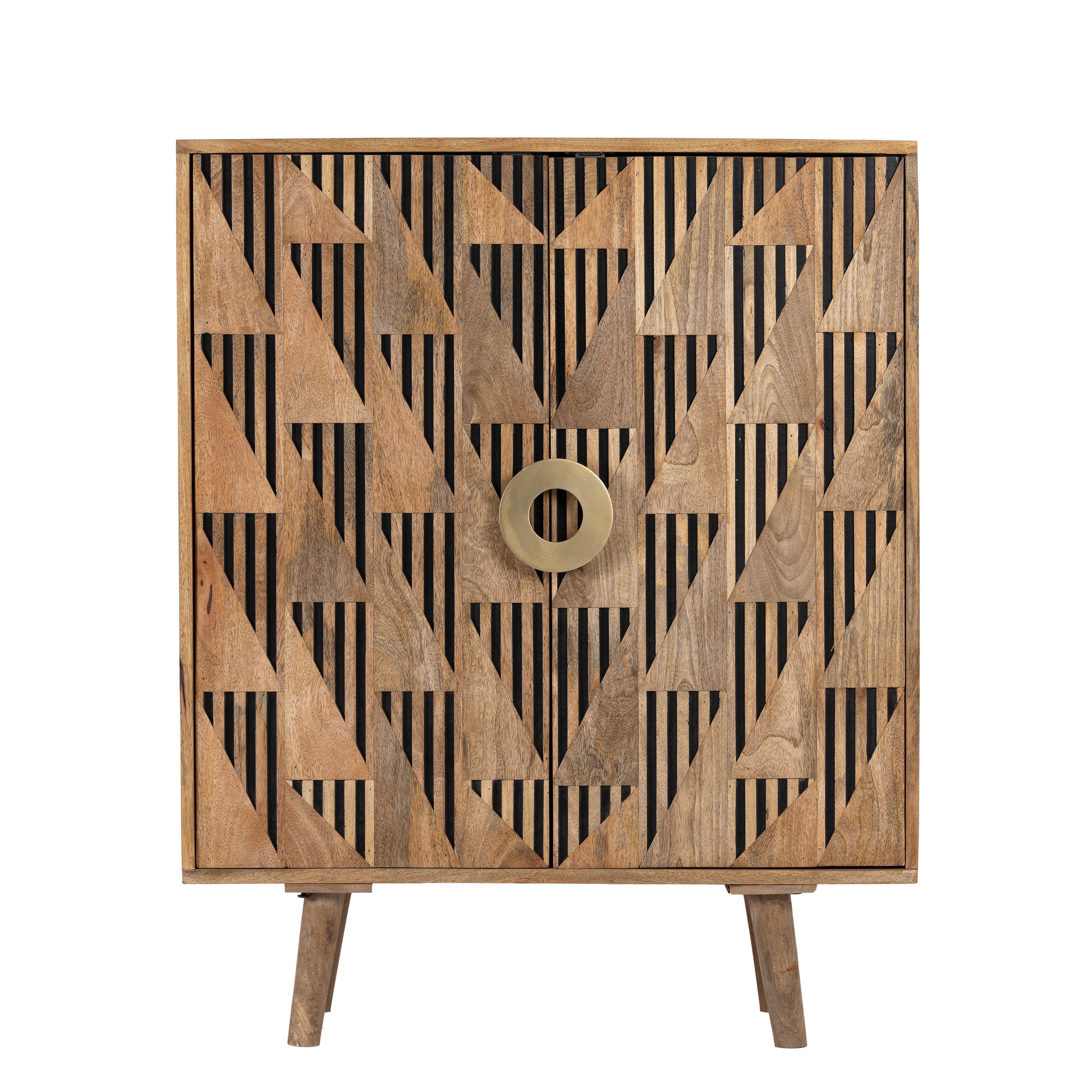 White background image of a artisanal mango wood cabinet with natural doors, black frame, and brass knobs, 91 × 113 × 41 cm.