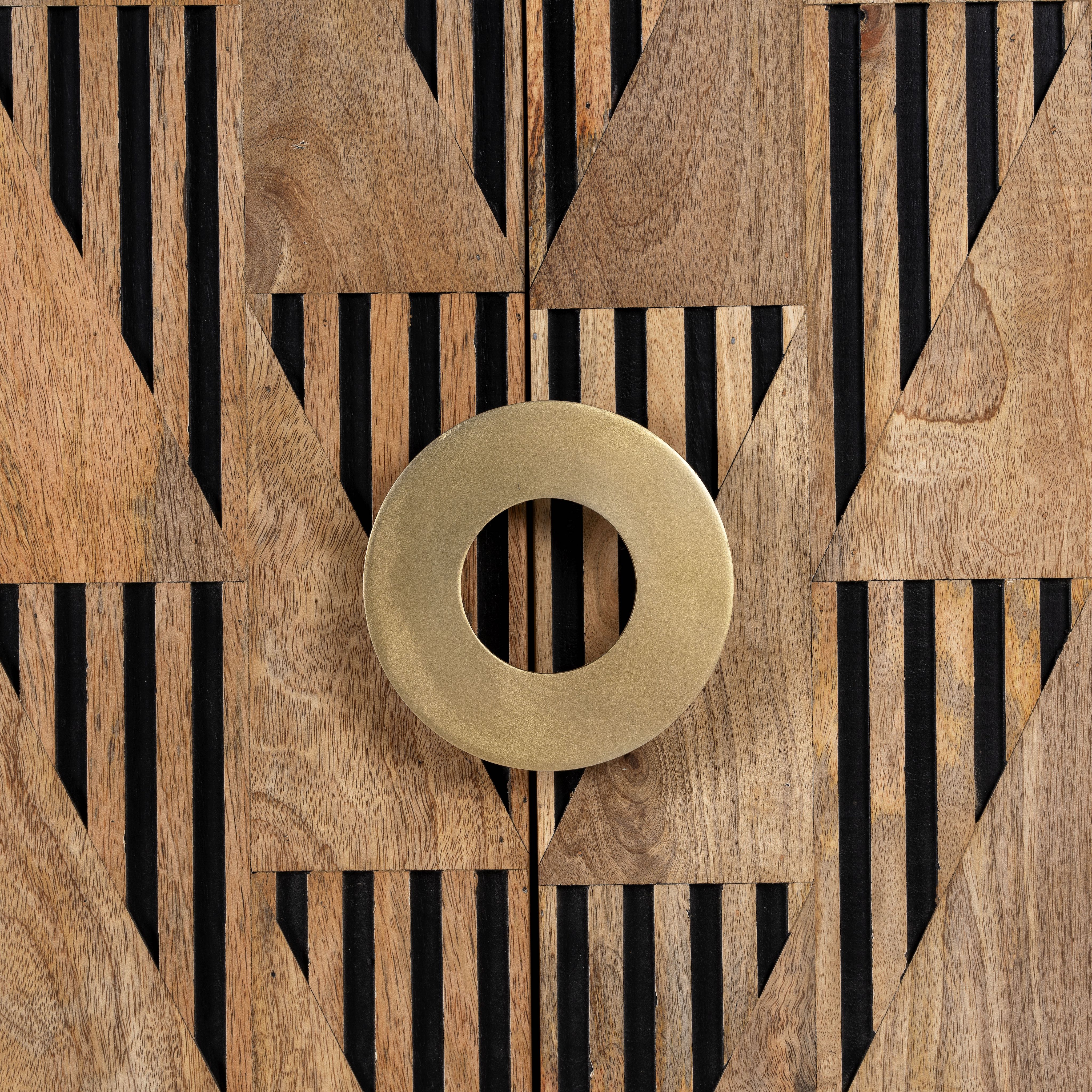 Close up image of a artisanal mango wood cabinet with natural doors, black frame, and brass knobs, 91 × 113 × 41 cm.