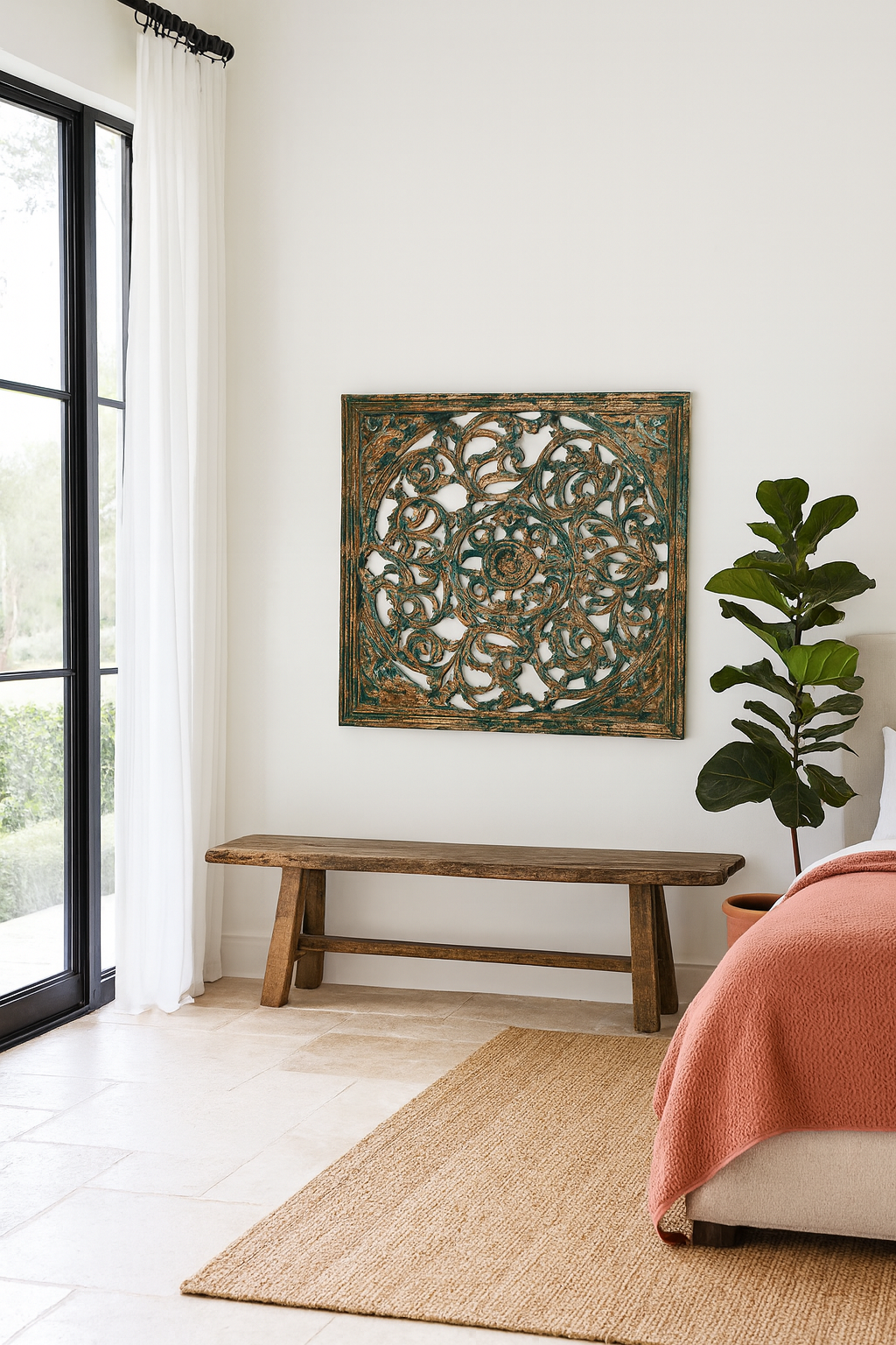 Lifestyle image of a Nadya carved wooden wall panel made from mango wood with intricate floral carving—an elegant wooden wall decoration with natural texture and artisan detail.