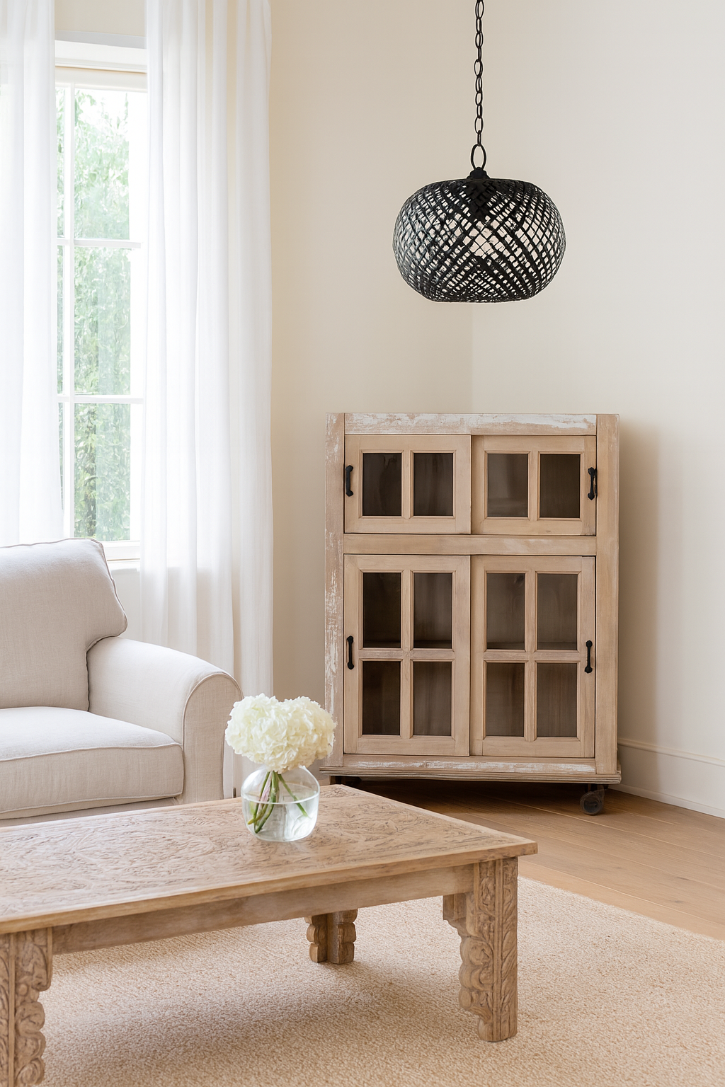 Vintage vitrine made of sandblasted reclaimed wood with glass-panelled doors and iron wheels; rustic reclaimed wood furniture, 100 × 40 × 160 cm.